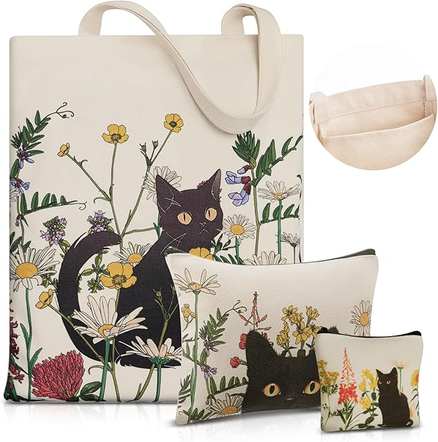 Canvas Tote Bag Makeup Coin Purse Set Black Cat 3 Pcs for Women Mom Teacher
