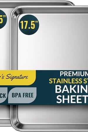 Baker’s Signature Stainless Steel Cookie Sheet Pan, Stainless Steel Baking Sheet Set of 2, Mirror Finish, Non-Stick, Rust Resistant, BPA Free, Dishwasher Safe, 17.5 x 13 Inch