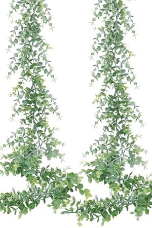 Dolicer 2 Pack Faux Eucalyptus Garland, 12Ft Artificial Vines Fake Hanging Eucalyptus Leaves Greenery Garland for Wedding Backdrop Arch Wall Table Party Indoor Outdoor Decor (Grey Green)