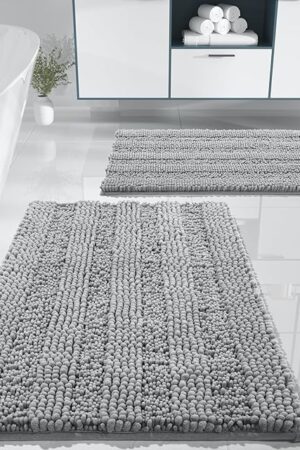 Yimobra Washable Bathroom Rugs Sets 2 Piece, Non Slip Quick Dry Absorbent Bath Mat Set, Plush Chenille Luxury Shower Rugs for Bathroom Floor Sink Tub and Shower Outside(Gray, 20" x 32"+17" x 24")