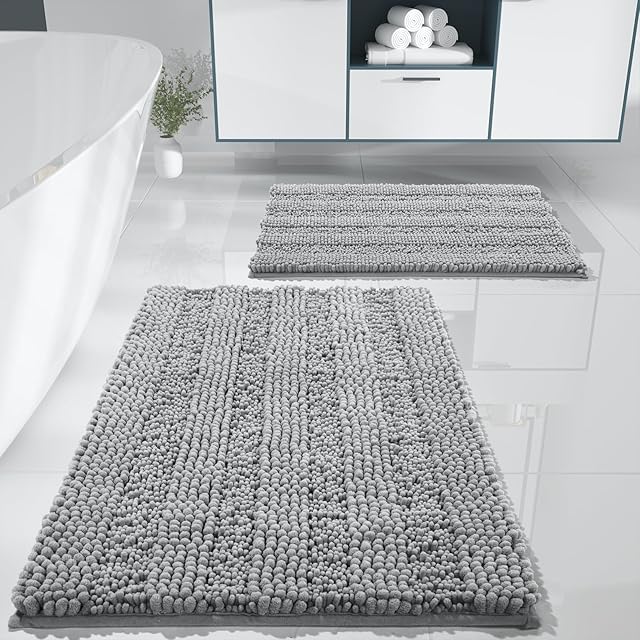 Yimobra Washable Bathroom Rugs Sets 2 Piece, Non Slip Quick Dry Absorbent Bath Mat Set, Plush Chenille Luxury Shower Rugs for Bathroom Floor Sink Tub and Shower Outside(Gray, 20" x 32"+17" x 24")
