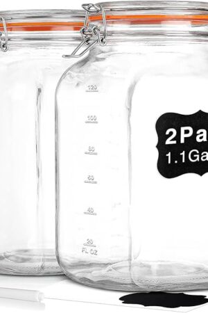 [UPGRADE] 2 Pack Square Super Wide Mouth Airtight Glass Storage Jars with Lids, 1.1 Gallon Glass Container with 2 Measurement Marks, Canning Jars with Leak-proof Lid for Kitchen (Spare Gasket)