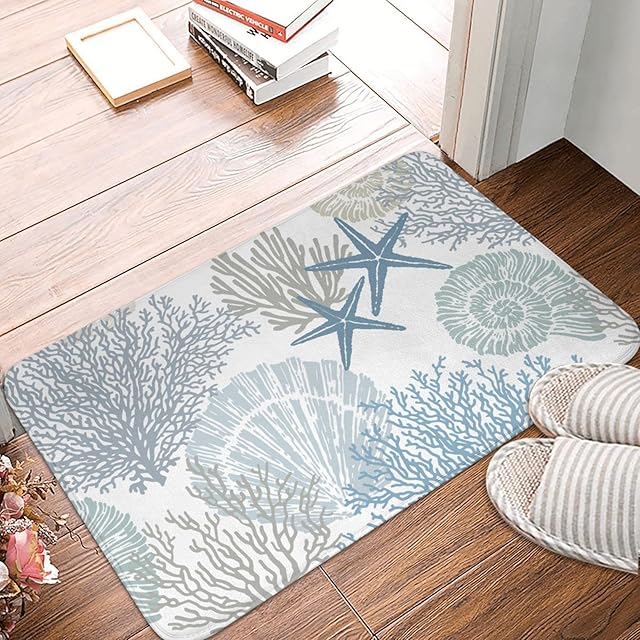 Coastal Beach Bath Mats Bath Rug Floor Rug Carpets Seashells Starfish for Kitchen Bathroom Laundry Bedroom Living Room