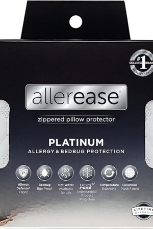 AllerEase Platinum Allergy Defense Particles Proof Temperatur Balancing Luxurious Plush Fabric Machine Washable Bedbug Bite Proof Durable Zippered Pillow Protector, Standard/Queen Size, White
