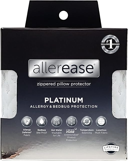 AllerEase Platinum Allergy Defense Particles Proof Temperatur Balancing Luxurious Plush Fabric Machine Washable Bedbug Bite Proof Durable Zippered Pillow Protector, Standard/Queen Size, White