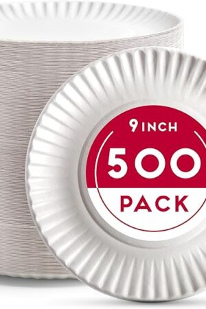 9-Inch Disposable Paper Plates - 500 Count - Bulk Pack of Uncoated Paper Plates for Everyday Use - Dinnerware for Meals, Parties And Picnics
