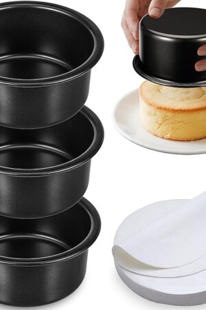 4 Inch Cake Pan Set of 3, Nonstick Smash Cake Pans with 100PCS Parchment Paper for Christmas Birthday, Round Mini Cake Pans Tin for Baking Layer Cakes Small Cheesecake, Straight Side & Dishwasher Safe
