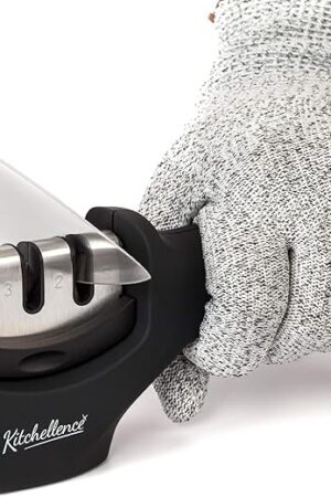 4-in-1 Kitchen Knife Accessories: 3-Stage Knife Sharpener Helps Repair, Restore, Polish Blades and Cut-Resistant Glove (Black)