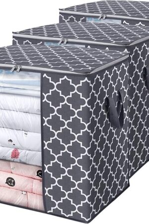 WISELIFE Storage Bags [3 Pack/100L] Large Blanket Clothes Organization and Storage Containers for Comforters,Bedding, Foldable Organizer with Reinforced Handle, Clear Window, Sturdy Zippers,Gray