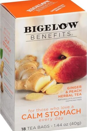 Bigelow Tea Benefits Calm Stomach Ginger Peach Caffeine Free Herbal Bags, 18 Count, Pack of 6