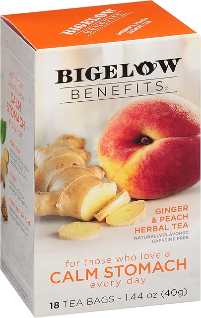 Bigelow Tea Benefits Calm Stomach Ginger Peach Caffeine Free Herbal Bags, 18 Count, Pack of 6