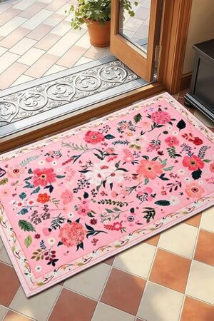 2x3 Pink Floral Rug for Entryway, Flowers Printed Washable Small Rugs with Non Slip Backing for Girls Bedroom Kitchen, Cute Throw Carpet Front Door Entry Decor