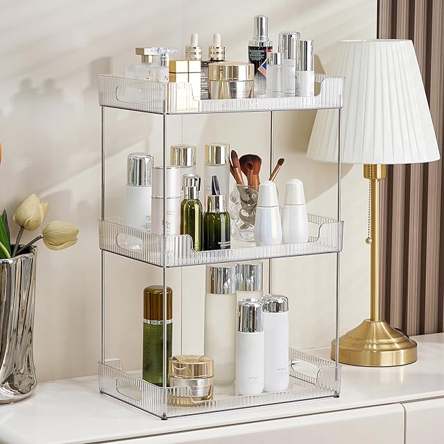 3-Tier Bathroom Counter Organizer Clear Cosmetics Skincare Shelf Makeup Organizer Fits A4 Size