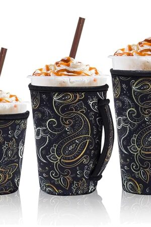 3 Piece Reusable Iced Coffee Sleeves Insulated Coffee Sleeves for 16-32 ounces of hot or cold coffee or iced beverages Compatible with Starbucks Dunkin Coffee cup and More (Paisley Print)