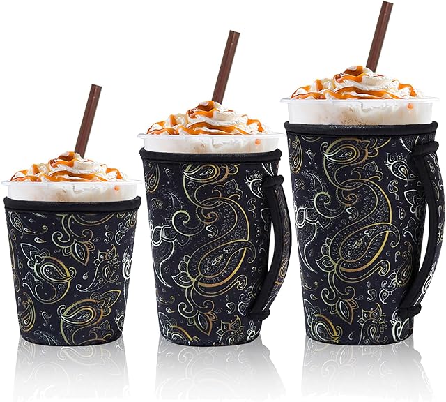 3 Piece Reusable Iced Coffee Sleeves Insulated Coffee Sleeves for 16-32 ounces of hot or cold coffee or iced beverages Compatible with Starbucks Dunkin Coffee cup and More (Paisley Print)