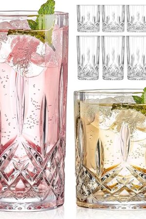 Drinking Glasses, 8 Piece Crystal Glass Cups, Mixed Glassware Set, 4 pcs Crystal Old Fashioned 11oz Highballs and 4 pcs 11oz Whiskey Glasses, Great for Cocktail, Whisky and other Beverages