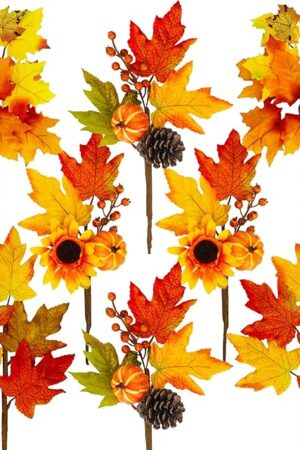 Winlyn 8 Pcs Assorted Artificial Maple Leaf Branches Faux Fall Picks and Sprays with Pumpkins Sunflower Heads Pine Cones Berries for Farmhouse Fall Thanksgiving Floral Arrangement Centerpiece Wreath