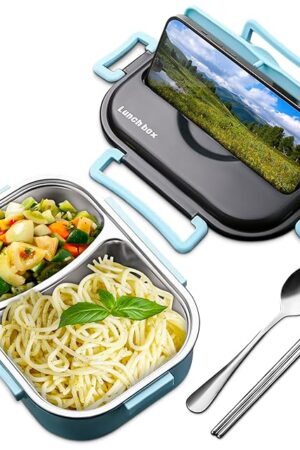 48.5-Oz Stainless Steel Bento Box Adult with Phone Stand – Reusable Stainless Steel Lunch Box for Hot Food with Durable Plastic & Soft Rubber Cover – Insulated Lunch Containers with Spoon & Chopsticks