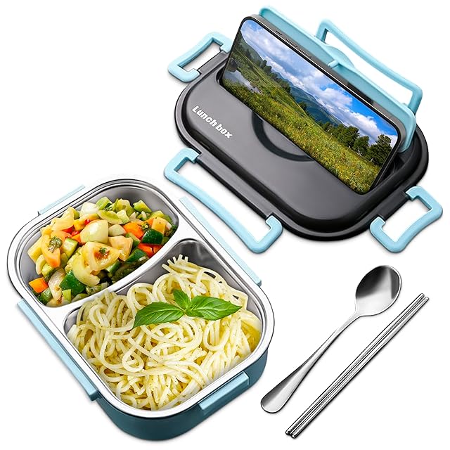 48.5-Oz Stainless Steel Bento Box Adult with Phone Stand – Reusable Stainless Steel Lunch Box for Hot Food with Durable Plastic & Soft Rubber Cover – Insulated Lunch Containers with Spoon & Chopsticks