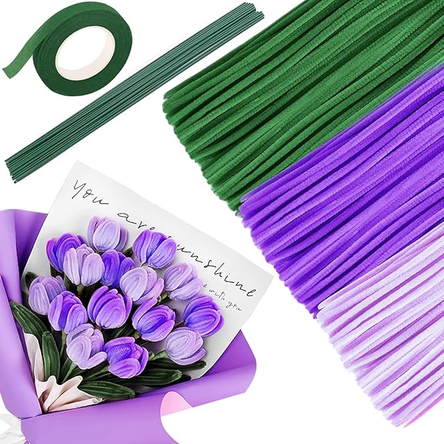 The 320PCS Pipe Cleaners Flower Kit, Colorful Pipe Cleaners for Crafts with Flower Stems and Floral Tape, Pipe Cleaners Purple and Green, Pipe Cleaner Flower Kit Tulip for DIY Craft