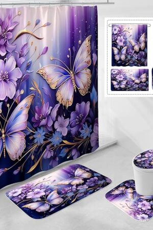 4 Pcs Purple Floral Butterfly Shower Curtain Set with Non-Slip Rugs, Modern Toilet Lid Cover and Bath Mat, Elegant Bathroom Decor Set with Shower Curtain and Rugs(Hooks Not Included)