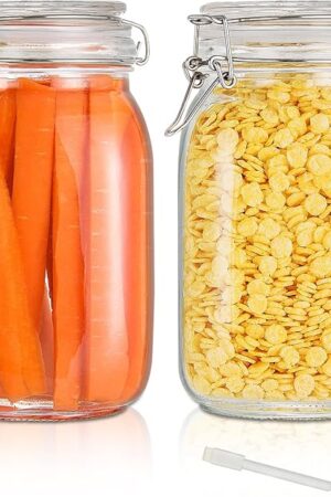 YEBODA 48oz Food Storage Canister Glass Jars with Clamp Airtight Lids and Silicone Gaskets for Multi-Purpose Kitchen Containers - Clear Square (2 Pack)