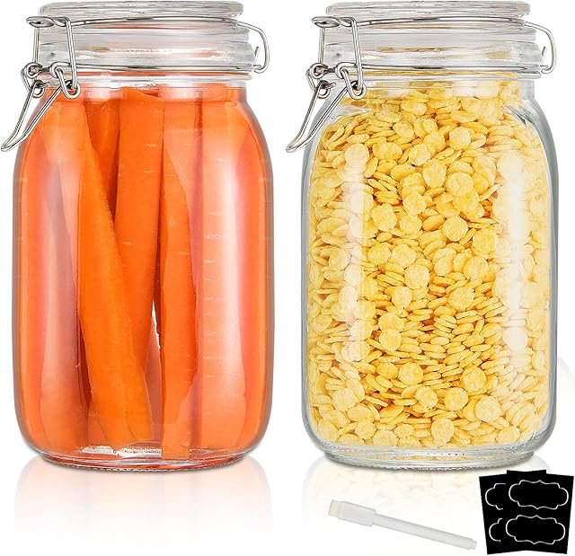 YEBODA 48oz Food Storage Canister Glass Jars with Clamp Airtight Lids and Silicone Gaskets for Multi-Purpose Kitchen Containers - Clear Square (2 Pack)