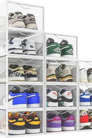 12 Pack Shoe Storage Bins, Clear Plastic Stackable Shoe Organizer for Closet, Space Saving Foldable Shoe Rack, Shoe Box Sneaker Holder Container