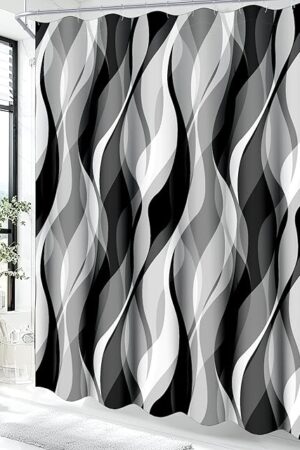 White and Grey Shower Curtain for Bathroom White and Black Shower Curtain Fabric Modern Abstract Striped Minimalist Bath Curtains Waterproof Shower Curtains Set, Black Gray White, 72 x 72 Inch