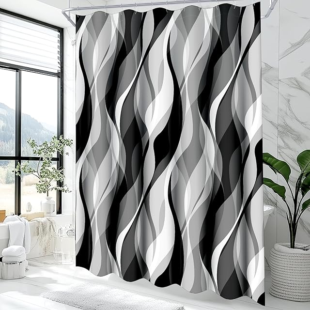 White and Grey Shower Curtain for Bathroom White and Black Shower Curtain Fabric Modern Abstract Striped Minimalist Bath Curtains Waterproof Shower Curtains Set, Black Gray White, 72 x 72 Inch