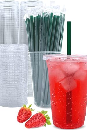 Aatriet 20 oz Clear Plastic Cups with Lids and Straws, Disposable Coffee Cups 25 Sets