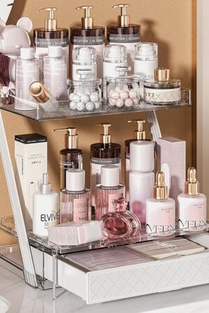 Z-Shaped Bathroom Countertop Organizer – 2-Tier Vanity Organizer with Sliding Tray & Drawer for Skincare, Makeup & Perfume – Acrylic Storage for Dresser, Office or Desk