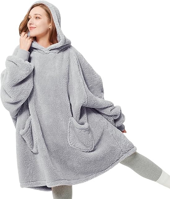 Bedsure Wearable Blanket Hoodie - Gifts for Girlfriend, Warm Cozy Fluffy Birthday Present ideas for Wife, Soft Sweatshirt Gifts for Women Oversized Hooded Blankets With Sleeves, Grey