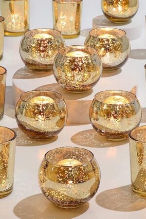 24pcs Assorted Gold Votive Candle Holders, Mercury Glass Candle Holder, Diwali Decorations, Gold Wedding Centerpieces for Tables, Gold Bridal Shower PartyTable Decorations