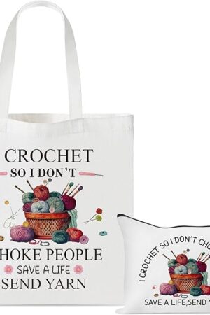 Y1tvei Crochet Canvas Tote Bag - 2Pcs Cosmetic Pouch Tote Bag Reusable Grocery Folding Shopping Bag for Crocheters Women