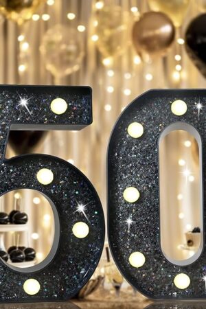 8.8" Decorative LED Light Up Numbers, Glitter Marquee Numbers Lights for 50th Birthday Decorations, Shiny Lighted Number Sign for Birthday Party Wedding Anniversary Home Decor, Glitter Black 50