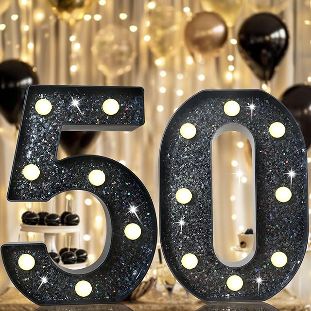 8.8" Decorative LED Light Up Numbers, Glitter Marquee Numbers Lights for 50th Birthday Decorations, Shiny Lighted Number Sign for Birthday Party Wedding Anniversary Home Decor, Glitter Black 50