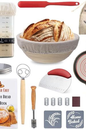 Complete Sourdough Bread Starter Kit, Glass Sourdough Starter Jar Kit & Tons of Sourdough Baking Supplies - Sourdough Starter Kit Includes Sourdough Jar, Banneton Bread Proofing Basket & More