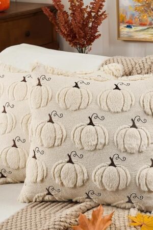 Emvency Fall Throw Pillow Covers 18x18 Set of 2, Autumn Beige Pumpkin Harvest Decorations Pillow Cases Soft Plush Faux Fur Wool Couch Cushion Case for Couch Bed Sofa Living Room Home Decor