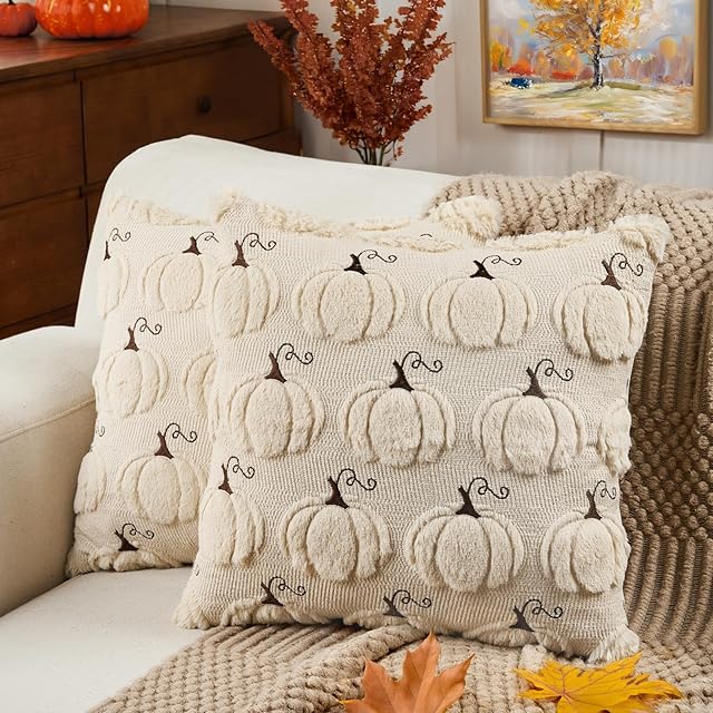 Emvency Fall Throw Pillow Covers 18x18 Set of 2, Autumn Beige Pumpkin Harvest Decorations Pillow Cases Soft Plush Faux Fur Wool Couch Cushion Case for Couch Bed Sofa Living Room Home Decor
