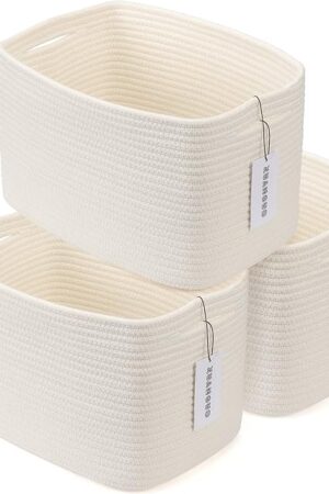 Cotton Rope storage Basket Bins Woven Basket for Organizing Shelves Rectangle Decorative Baskets For storage Clothes Toys Books Towels Square Wicker Nursery basket organizer 3 pack white
