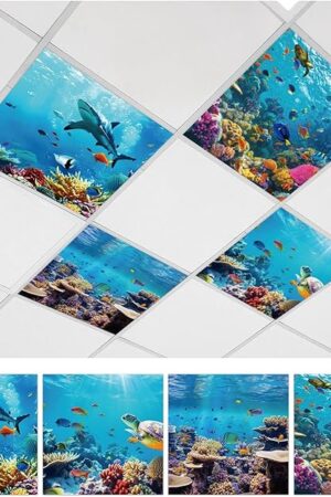 4 Pcs Fluorescent Light Covers with 32 Magnets Decorative for Classroom Ceiling Light 2 x 2 Feet Magnetic Light Covers Filter Easy Install for Office Hospitals & Home Drop Ceiling Supplies （Ocean）