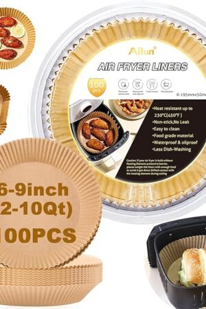 Ailun Air Fryer Paper Liners 8inch, 100PCS Non-Stick Parchment Paper,Oil Resistant,Disposable Food Grade Free of Bleach Paper Round for 5-8 QT Air Fryer Baking Roasting Microwave