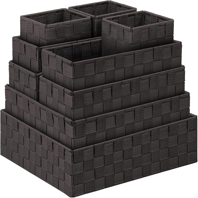 Bellzacasa Woven Baskets for Storage (Set of 9), Storage Baskets for Organizing, Baskets Cube Bin Container Boxes Organizers for Drawer, Shelves, Closet, Bathroom (9 Piece - Grey)