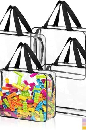 4 Pack Toy Storage Bags, Clear PVC Toy Organizer with Zipper, Large Black Waterproof Reusable Toy Bags with Labels for Puzzles, Building Blocks, Board Game, Stationery, Kids Books