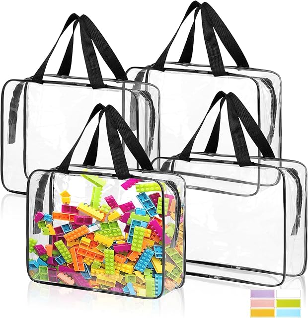 4 Pack Toy Storage Bags, Clear PVC Toy Organizer with Zipper, Large Black Waterproof Reusable Toy Bags with Labels for Puzzles, Building Blocks, Board Game, Stationery, Kids Books
