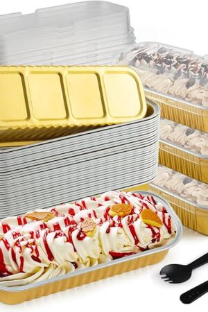 60Pcs Mini Loaf Pans with Lids and Spoons, Aluminum Foil Baking Pans, Rectangle Mini Cake Pans, Brownie Baking Cups for Picnics Party (Gold)