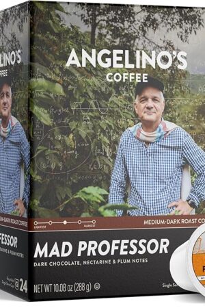 Angelino's Coffee Mad Professor Coffee Pods - Major Colombian Blend, Medium to Dark Roast coffee K Cups compatible, Reserve, Place of Origin: Colombia, Dark Chocolate, Nectarine & Plum Notes, 24 Count - Premium Coffee for Keurig Machines