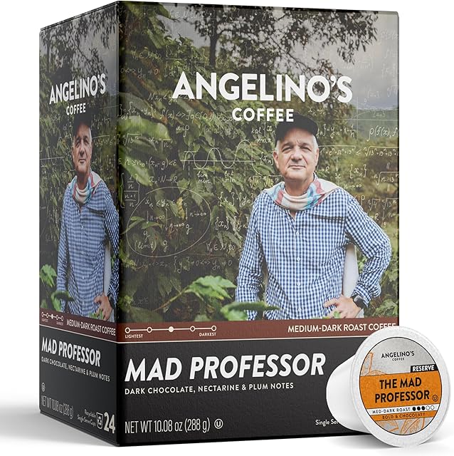 Angelino's Coffee Mad Professor Coffee Pods - Major Colombian Blend, Medium to Dark Roast coffee K Cups compatible, Reserve, Place of Origin: Colombia, Dark Chocolate, Nectarine & Plum Notes, 24 Count - Premium Coffee for Keurig Machines