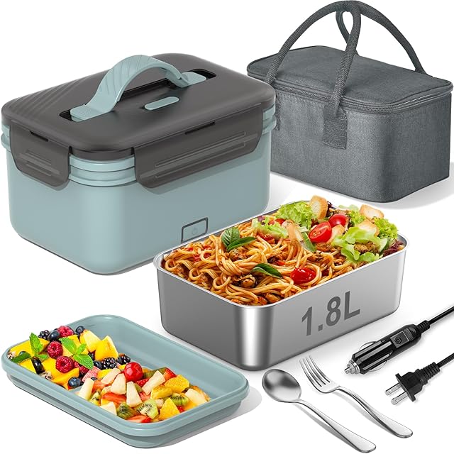 Electric Heated Lunch Box for Car, Truck, Home – 1.8L 100W Portable Food Warmer with 12V/24V/110V/220V Plug – Stainless Steel Leakproof Container – Hot Meal Solution for Work, Travel, Jobsite, Camping
